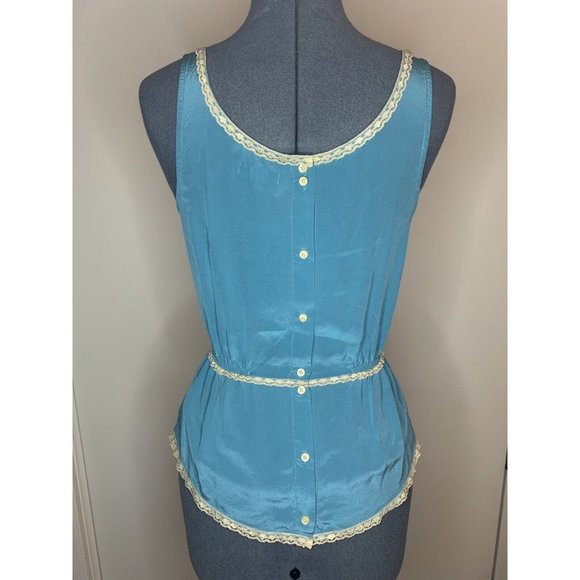Vintage QS Silk Tank Peacock Blue Gray Lace Trim & Buttons Sleeveless Top Size S - Picture 2 of 12